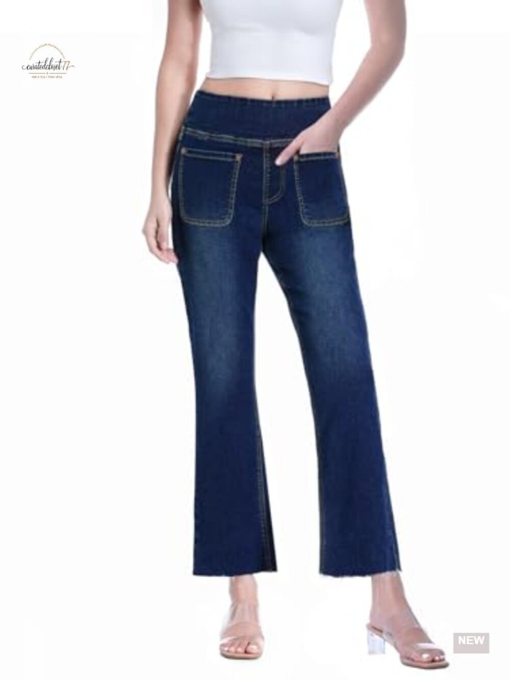 Women's Cropped Pull On High Waisted Flare Jeans Stretchy Tummy Control
